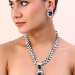 VOJ Green Silver-Plated Long Necklace Earring Jewellery Set for Women-8