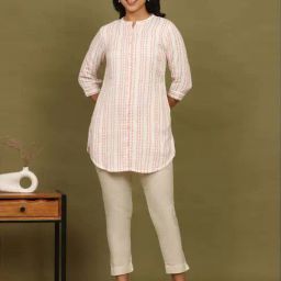 W for Woman Pink And White Yarn Dyed Double Cloth Cotton Tunic-image-10