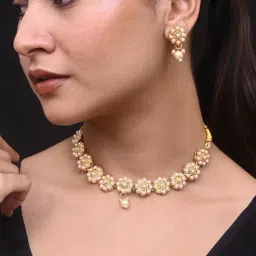 VOJ Gold Plated Pearl Studded Floral Necklace and Earrings for Women-image-27