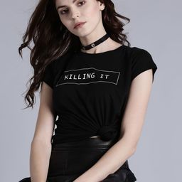Kook N Keech Women Black Relaxed Typography Printed Cotton T-shirt-image-56