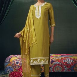 KALINI Women Yoke Design Regular Gotta Patti Chanderi Silk Kurta with Trousers & With Dupatta-image-45