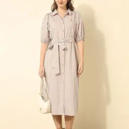 U.S. Polo Assn. Brown Cotton Striped Short Sleeves Casual Dress-image-50
