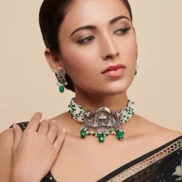 Curio Cottage Aria Oxidized Green Stone & Pearl Embellished Choker Necklace & Earring Set-image-81