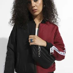 Campus Sutra Maroon & Black Color-Block Jacket-picture-12