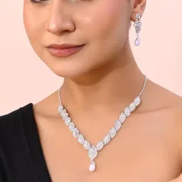 VOJ Silver Plated Cz-Stone Studded with Pearl Jewellery Set for Women-image-58