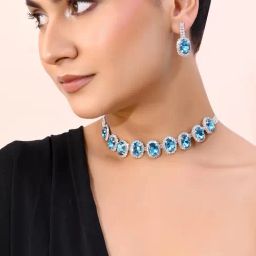 VOJ Silver Plated Ad-Stone Studded with Blue Stone Choker Set for Women-46