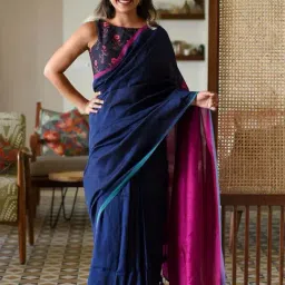 Suta Blue & Pink Plain Saree-picture-34