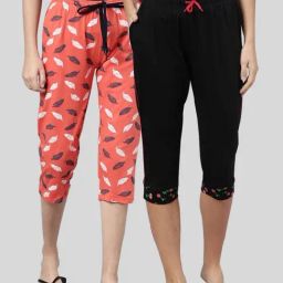Kryptic Coral & Black Elasticated Waist Band Relaxed Fit Printed Cotton Capris - Pack of 2-image-22