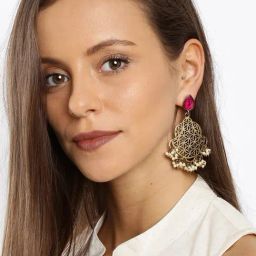 Fida Ethnic Traditional Gold Pink Dangler Earrings-image-50