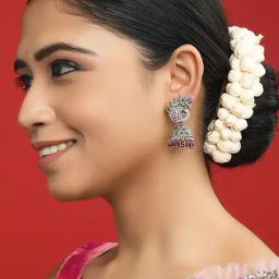 Fida Silver-Plated Pink Stone Jhumki Earrings-image-34