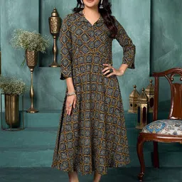 Saffron Threads Women Ethnic Motifs Printed Shirt Collar Fit & Flare Midi Dress-picture-48
