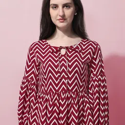 Oomph! Geometric Printed Tie Up Neck Gathered Bishop Sleeves Peplum Top-image-35