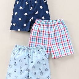 Babyhug Knee Length Cotton Boxer Check Star And Camping Print Pack Of 3 - Blue White Red-image-35