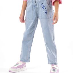 Primo Gino Cotton Elastane Full Length Denim Jeans with Floral Embroidery in Front - Light Blue-image-54