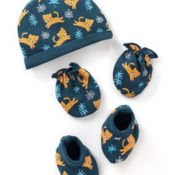 Babyhug 100% Cotton Knit Leopard Printed Cap Mittens & Booties Set - Green-image-32