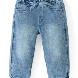 Babyhug Full Length Stretchable Denim Washed Joggers with Bow Detailing  - Light Blue-picture-9