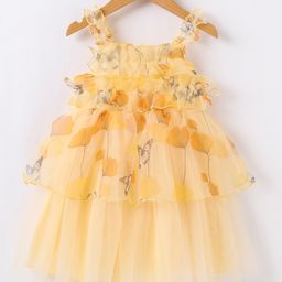 Kookie Kids Sleeveless Singlet Mesh Overlay Layered Frock With Floral & Butterfy Print - Yellow-image-54