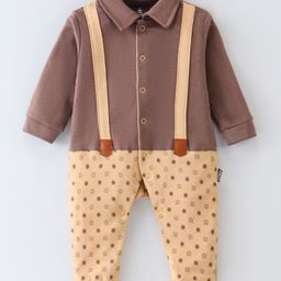 Child World Interlock Knit Full Sleeves Party Printed Romper with Bow -Brown-picture-11