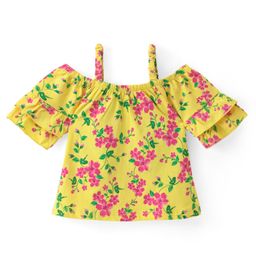 Babyhug Cotton Knit Cold Shoulder  Sleeves Top with Frill Detailing & Floral Print - Yellow-image-80