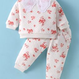 ToffyHouse 100% Cotton Knit Full Sleeves Floral Printed T-Shirt & Joggers with Lace Detailing - White-image-69