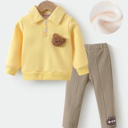 Kookie Kids Full Sleeves Winter T-Shirt & Lounge Pant Set With Bear Applique - Yellow-image-32