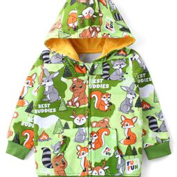 Babyhug Cotton Full Sleeves Hooded Front-open Sweatjacket With Zipper & All Over Animals Print - Green-image-7