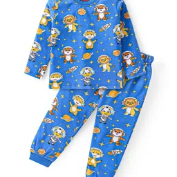 Babyhug Cotton Knit Full Sleeves Night Suit with Animal Print - Blue-picture-42