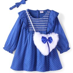 Babyhug Viscose Woven Full Sleeves Frill Detailed Frock With Polka Dots Print Headband & Sling Bag - Blue-picture-12