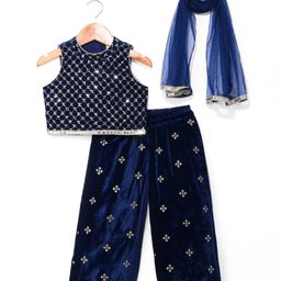 Babyhug Woven Sleeveless Top Palazzo & Dupatta Set with Sequin Embroidery - Navy Blue-image-89