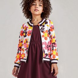 Ollington St. Sinker Knit Sleeveless Solid Dress With Full Sleeves Floral Printed Front Zipper Jacket - White & Maroon-picture-17