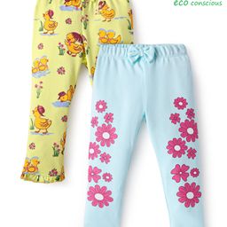 Babyoye Eco Conscious 100% Cotton Knit Full Length Floral & Duck Printed Leggings With Bow Applique Pack of 2 - Light Blue & Yellow-image-12