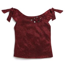 Tiny Girl Off Shoulder Sleeveless Floral Applique Detail & Shimmered Top - Maroon-image-91