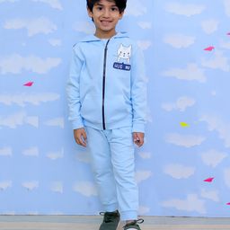 The Mom Store Cotton Full Sleeves Cat Printed Hoodie & Joggers Set - Sky Blue-image-61