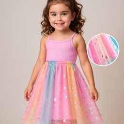 Babyhug Woven Mesh Sleeveless Party Wear Dress With Silver Foil Star Print - Pink-image-31