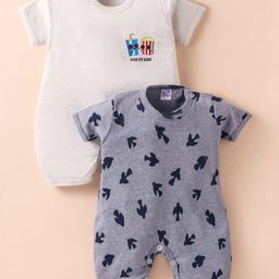 Ben Benny 100% Cotton Knit Half Sleeves Rompers with Birds & Popcorn Print Pack of 2 - Grey & Charcoal Grey-image-98