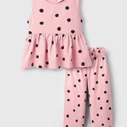 Mark & Mia Cotton Knit Sleeveless Co-ords Top & Trouser Set with Polka Dots Print & Bow Applique - Pink-image-92
