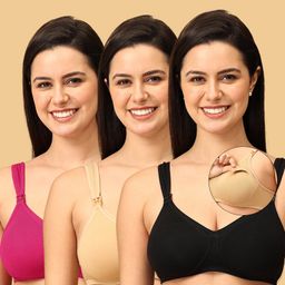 The Mom Store Cotton Elastane Pack Of 3 Sleeveless Solid Nursing Non Padded Bras - Black Beige & Fuchsia-image-77