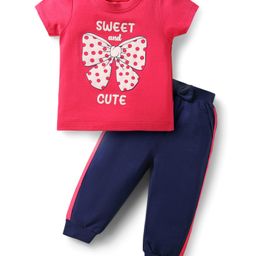 Doodle Poodle 100% Cotton Knit Half Sleeve T-Shirt & Joggers Set With Sweet & Cute Text Print - Navy Blue & Dark Pink-image-97
