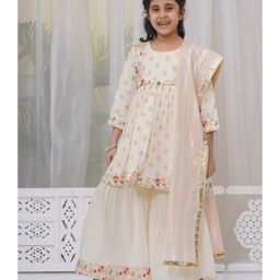 Little Bansi Cotton Three Fourth Sleeves Floral Printed & Embroidered Frock Style Kurta & Sharara With Dupatta Set - Cream-image-26