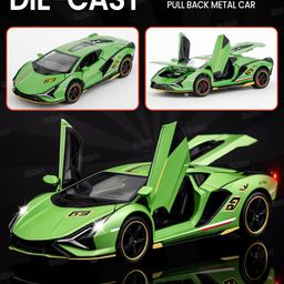 Fiddlerz Die-Cast Car Toy 1:32 Scale with Pull Back Action Openable Doors LED Lights Realistic Sound Sports Premium Collectible Model Metal Car for Kids and Adults (Green)-picture-20