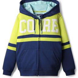 Pine Kids 100% Cotton Full Sleeves Text Printed Hooded SweatJacket With Kangaroo Pockets - Navy Blue & Green-image-28
