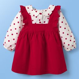 Mark & Mia Poplin Woven Full Sleeves Polka Dots Printed Frock With Peter Pan Collar & Frill Detailing - Red-image-74