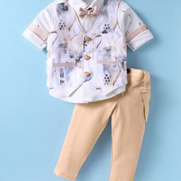 Rikidoos Full Sleeves Abstract Printed 3 Piece Party Suit With Suspender & Bow Set - White & Beige-image-93