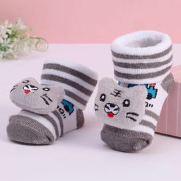Cute Walk by Babyhug Striped Fabric Socks With Cat Applique - Brown & White-image-79