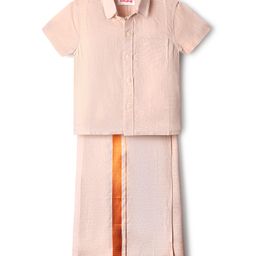 Babyhug Woven Half Sleeves Solid Shirt & Mundu Set - Peach-image-76