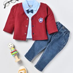 Wonderchild Full Sleeves Bear Patch Detailed Jacket With Bow Attached Tee & Pant Set - Maroon-image-89