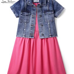 Arias Cotton Woven Half Sleeves Frock With Denim Jacket - Pink-image-10