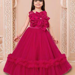 Ministitch Net Woven Sleeveless Floral Applique & Ruffle Detailed Gown - Crimson Red-image-63