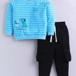 Little Ninja Cotton Knit Full Raglan Sleeves Striped & Puppies Printed Sweatshirt With Joggers Set - Blue & Black-picture-37