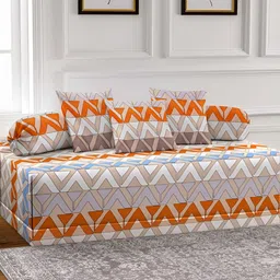 ArrabiSet Of 6 White & Orange-Coloured Printed Diwan Set-9
